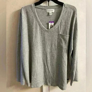 Calvin Klein‎ v neck top waffle knit lightweight heather grey XXL NWT